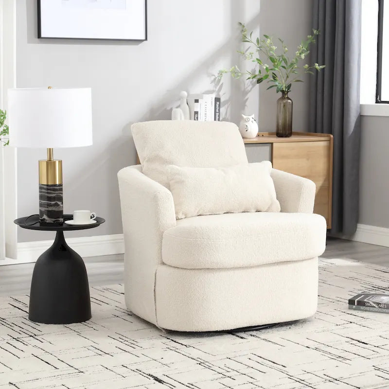 360 Swivel Barrel Lounge Chair Teddy Fabric High-Density Foam Lumbar Pillow White