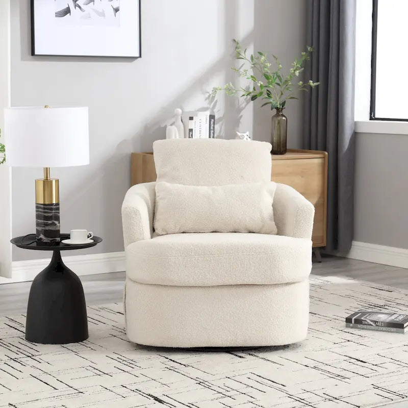 360 Swivel Barrel Lounge Chair Teddy Fabric High-Density Foam Lumbar Pillow White