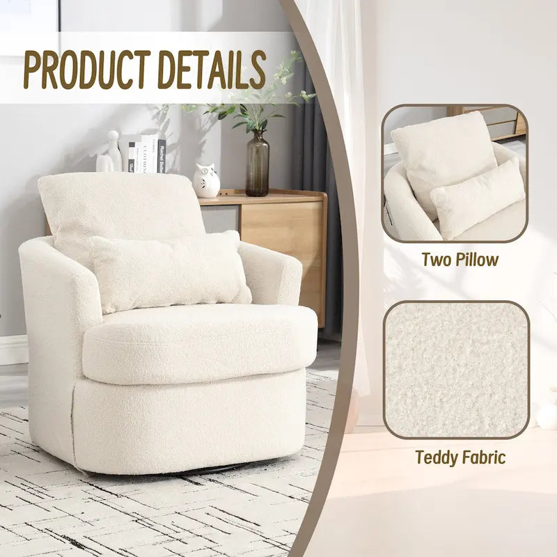360 Swivel Barrel Lounge Chair Teddy Fabric High-Density Foam Lumbar Pillow White