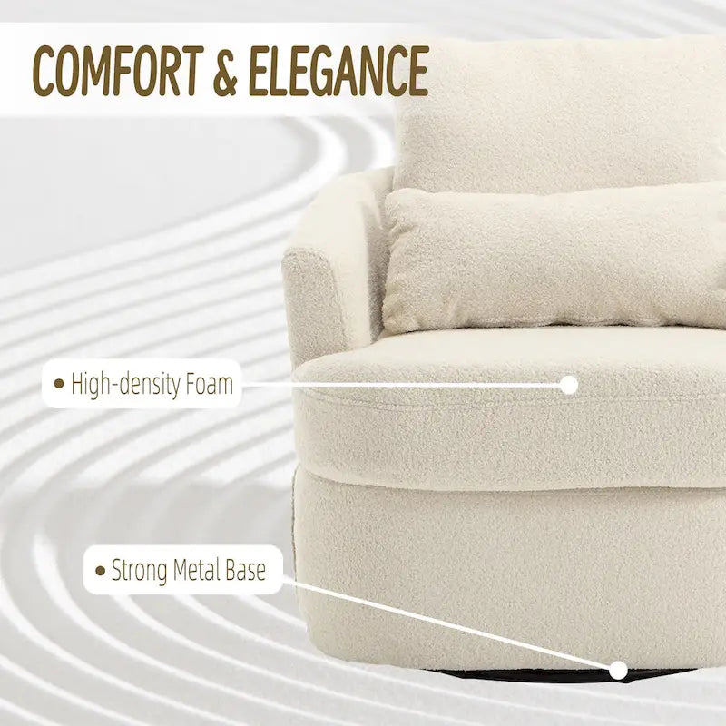 360 Swivel Barrel Lounge Chair Teddy Fabric High-Density Foam Lumbar Pillow White