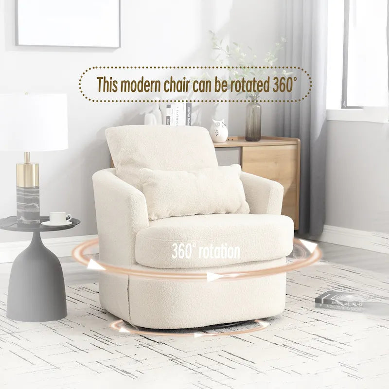 360 Swivel Barrel Lounge Chair Teddy Fabric High-Density Foam Lumbar Pillow White