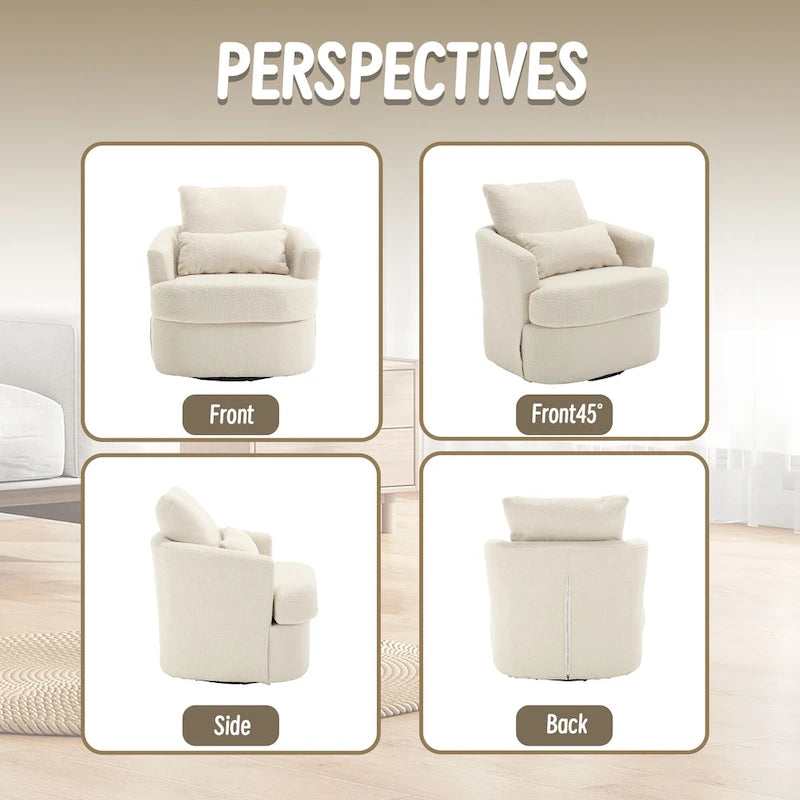 360 Swivel Barrel Lounge Chair Teddy Fabric High-Density Foam Lumbar Pillow White