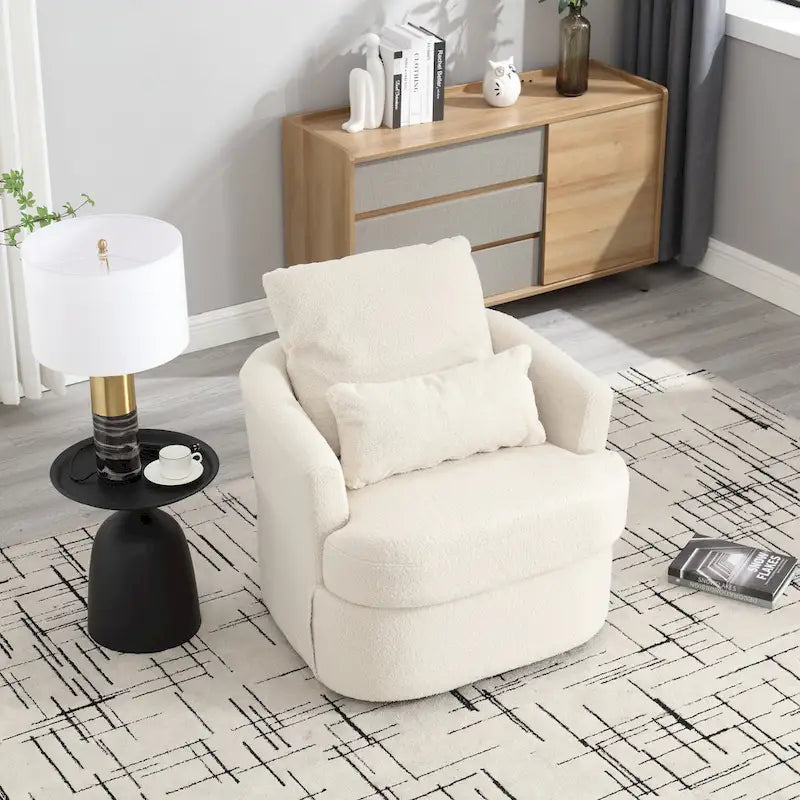 360 Swivel Barrel Lounge Chair Teddy Fabric High-Density Foam Lumbar Pillow White