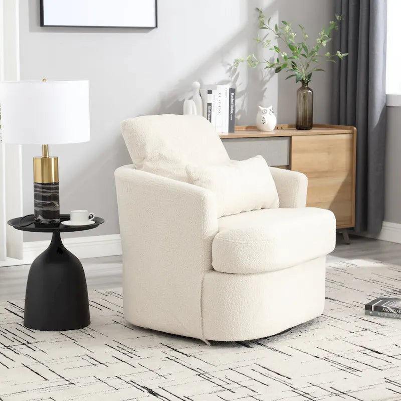 360 Swivel Barrel Lounge Chair Teddy Fabric High-Density Foam Lumbar Pillow White