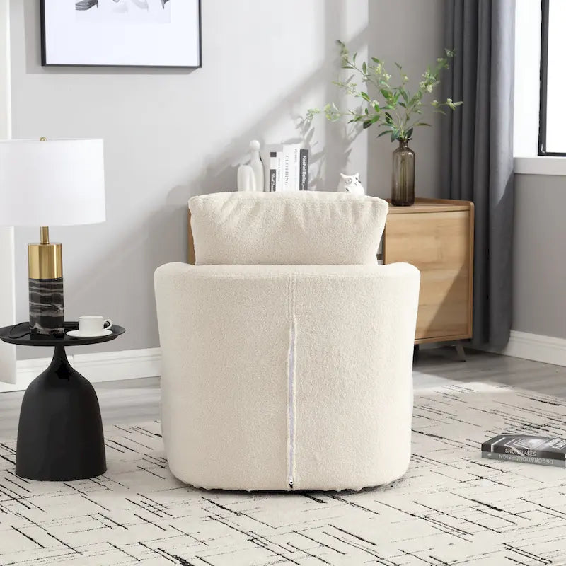 360 Swivel Barrel Lounge Chair Teddy Fabric High-Density Foam Lumbar Pillow White
