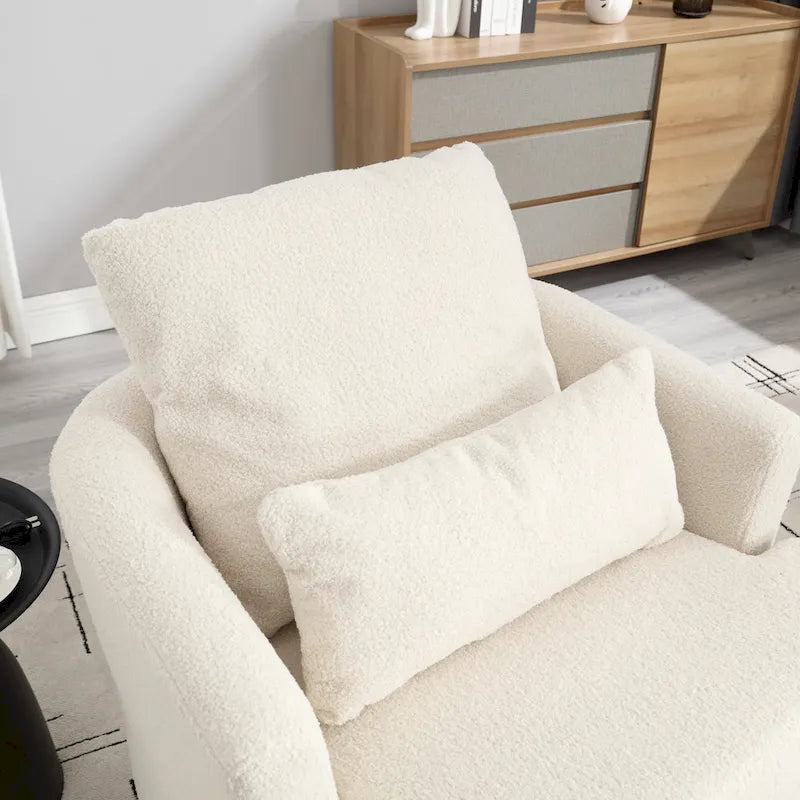 360 Swivel Barrel Lounge Chair Teddy Fabric High-Density Foam Lumbar Pillow White