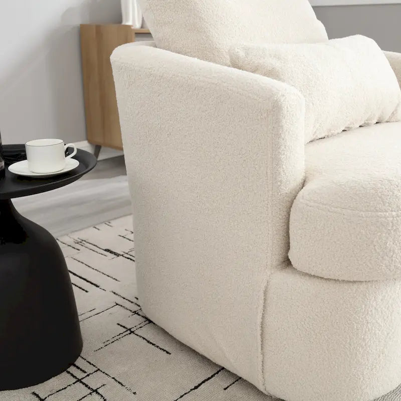 360 Swivel Barrel Lounge Chair Teddy Fabric High-Density Foam Lumbar Pillow White