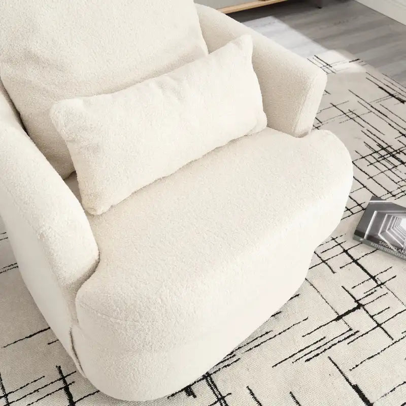 360 Swivel Barrel Lounge Chair Teddy Fabric High-Density Foam Lumbar Pillow White