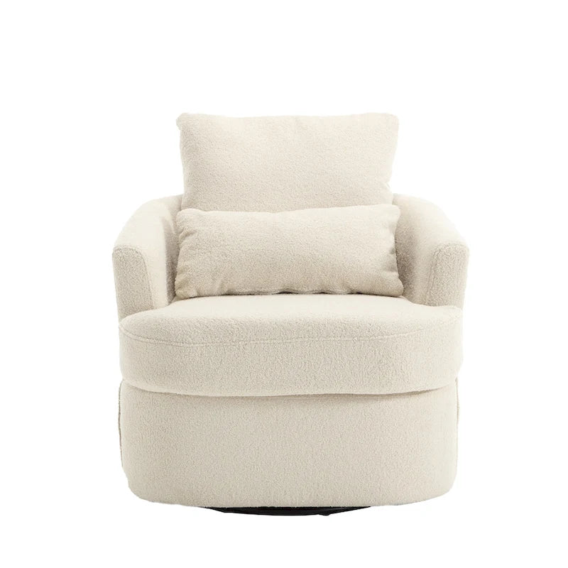360 Swivel Barrel Lounge Chair Teddy Fabric High-Density Foam Lumbar Pillow White