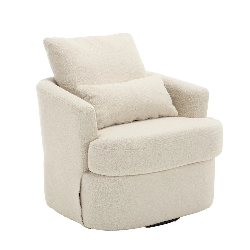 360 Swivel Barrel Lounge Chair Teddy Fabric High-Density Foam Lumbar Pillow White
