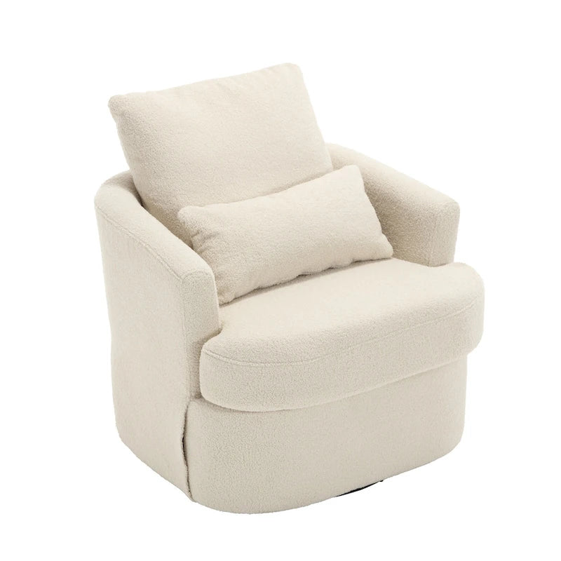 360 Swivel Barrel Lounge Chair Teddy Fabric High-Density Foam Lumbar Pillow White