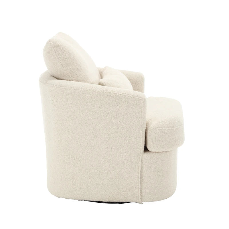 360 Swivel Barrel Lounge Chair Teddy Fabric High-Density Foam Lumbar Pillow White