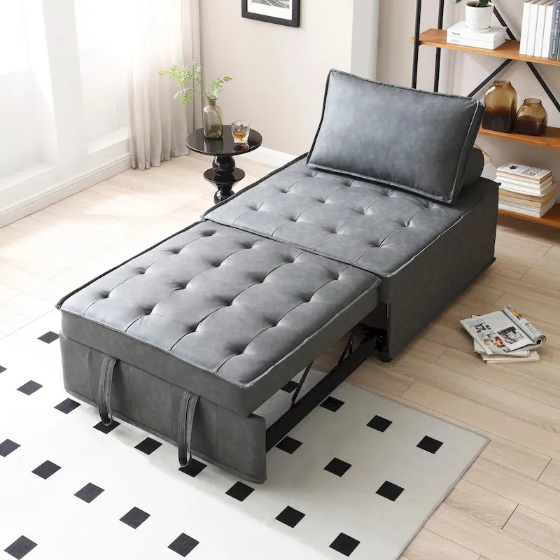 Faux Leather 3-in-1 Ottoman Sofa Bed Pull-Out Removable Backrest Brown Grey
