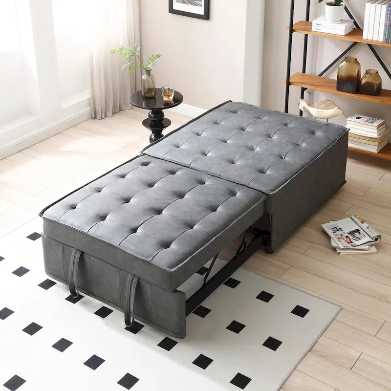 Faux Leather 3-in-1 Ottoman Sofa Bed Pull-Out Removable Backrest Brown Grey