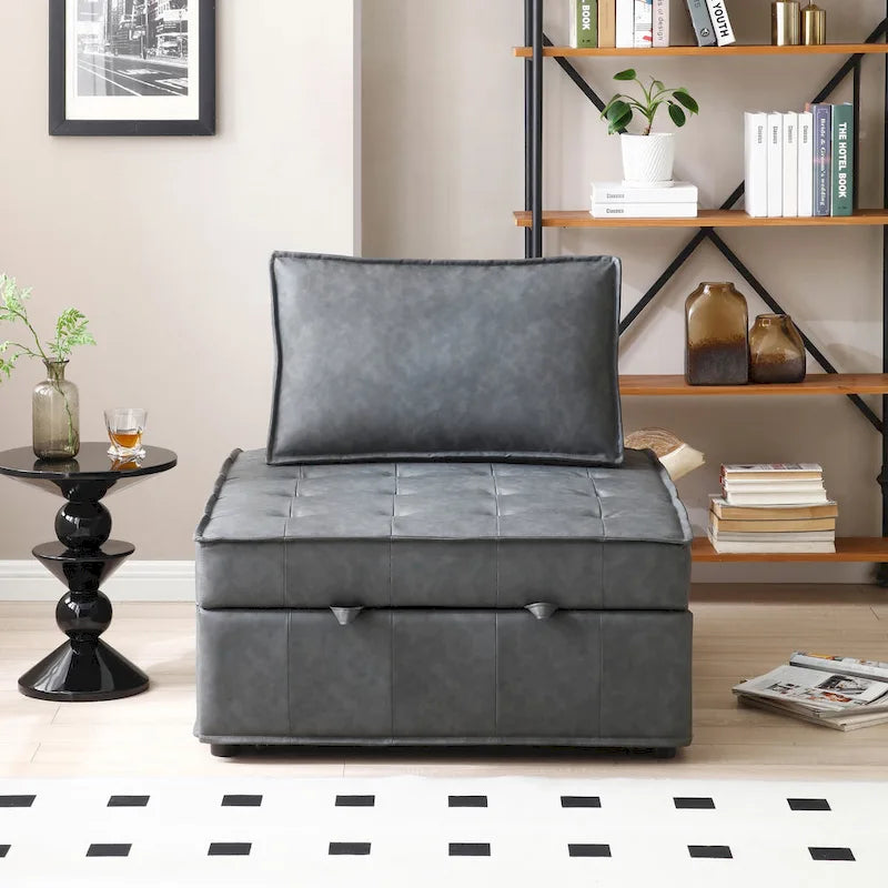 Ottomane-Schlafsofa aus Kunstleder, 3-in-1, mit ausziehbarer Liegefläche und abnehmbarer Rückenlehne, Braun, Grau