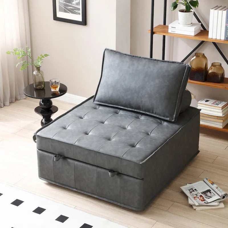 Faux Leather 3-in-1 Ottoman Sofa Bed Pull-Out Removable Backrest Brown Grey