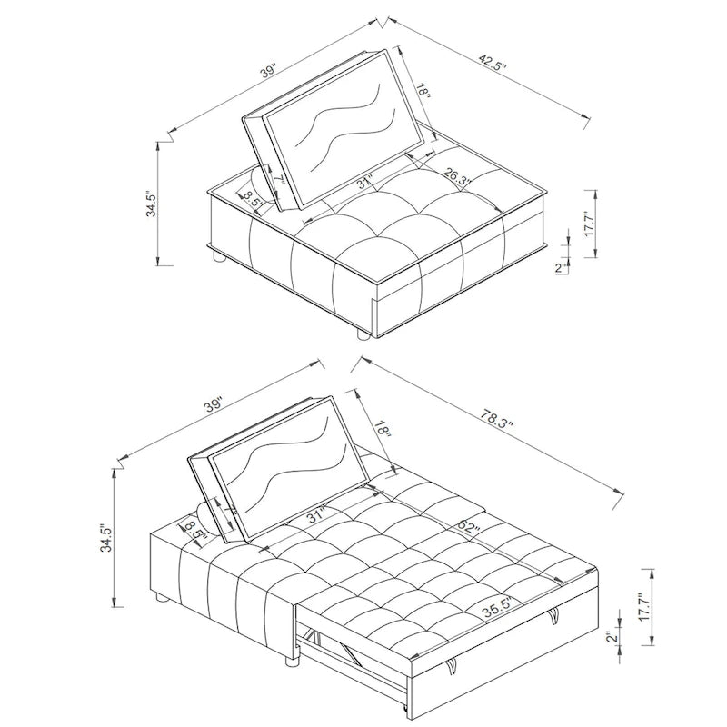 Ottomane-Schlafsofa aus Kunstleder, 3-in-1, mit ausziehbarer Liegefläche und abnehmbarer Rückenlehne, Braun, Grau