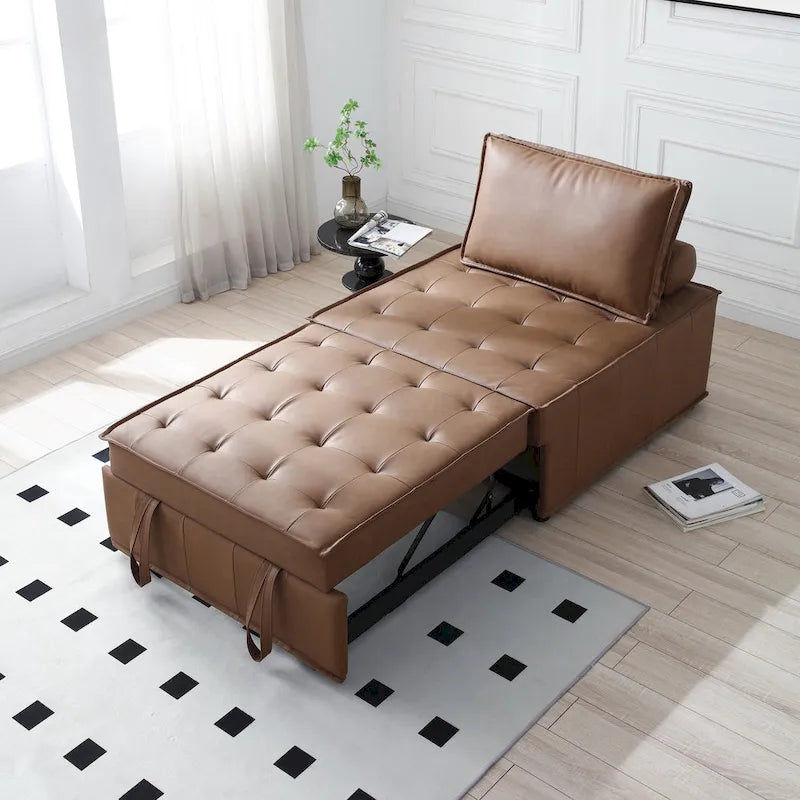 Ottomane-Schlafsofa aus Kunstleder, 3-in-1, mit ausziehbarer Liegefläche und abnehmbarer Rückenlehne, Braun, Grau