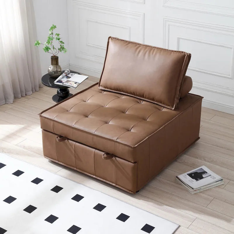 Ottomane-Schlafsofa aus Kunstleder, 3-in-1, mit ausziehbarer Liegefläche und abnehmbarer Rückenlehne, Braun, Grau