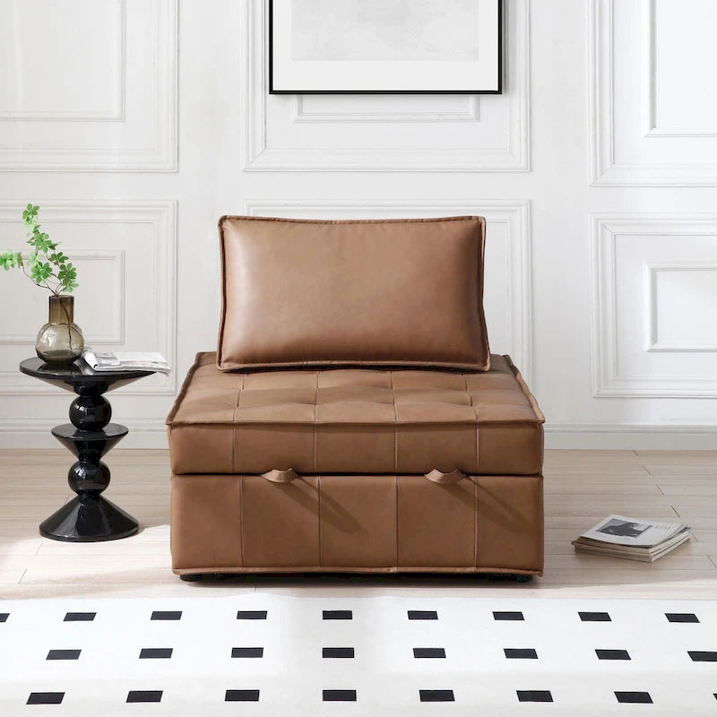 Ottomane-Schlafsofa aus Kunstleder, 3-in-1, mit ausziehbarer Liegefläche und abnehmbarer Rückenlehne, Braun, Grau
