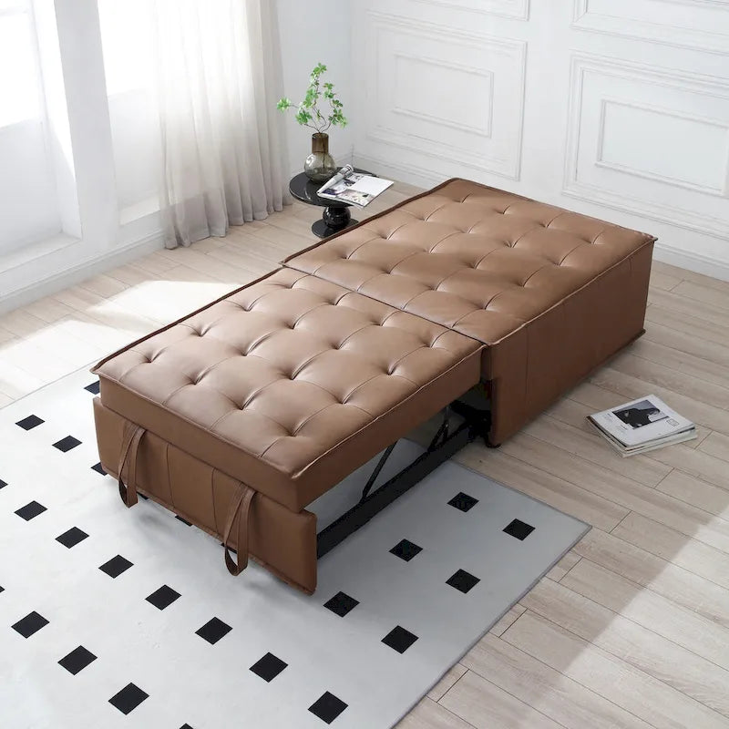 Ottomane-Schlafsofa aus Kunstleder, 3-in-1, mit ausziehbarer Liegefläche und abnehmbarer Rückenlehne, Braun, Grau