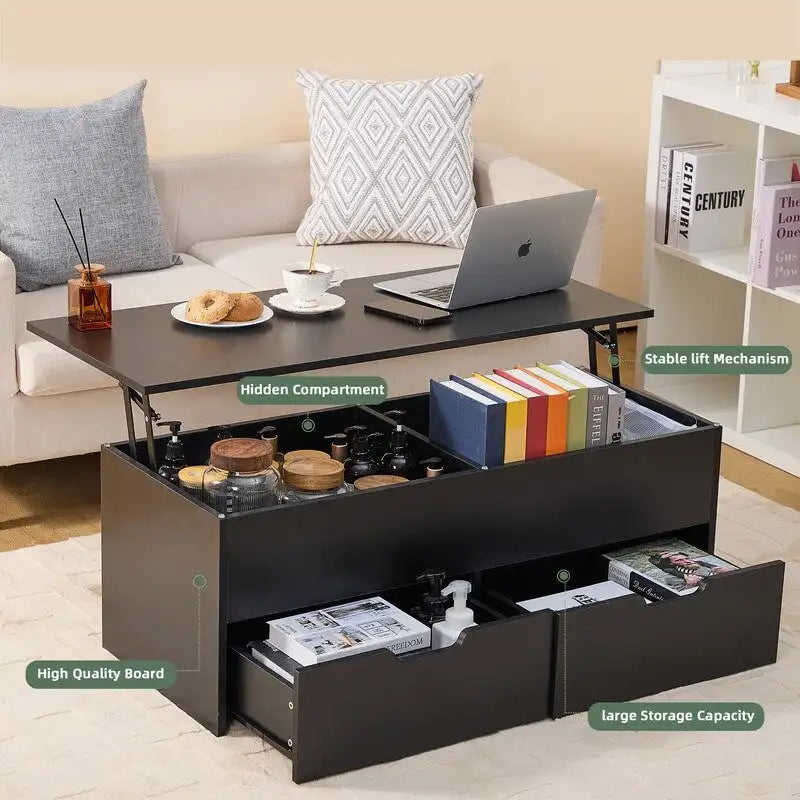 Couchtisch mit aufklappbarer Platte, verstecktem Fach, 2 Schubladen und verstellbarer Höhe, Wohnzimmer