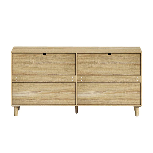 Rattan-Kommode mit 6 Schubladen, Spanplattengestell, Kippschutz, Schlafzimmer-Aufbewahrung, Schwarz, Weißeiche