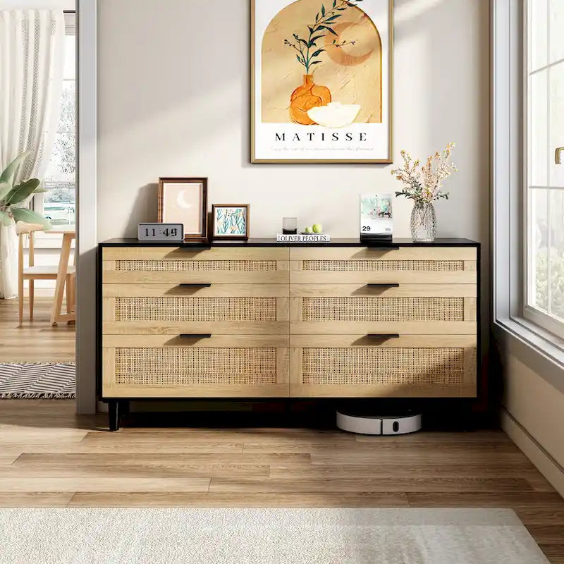 6-Drawer Rattan Dresser Chipboard Frame Anti-Tip Bedroom Storage Black White Oak