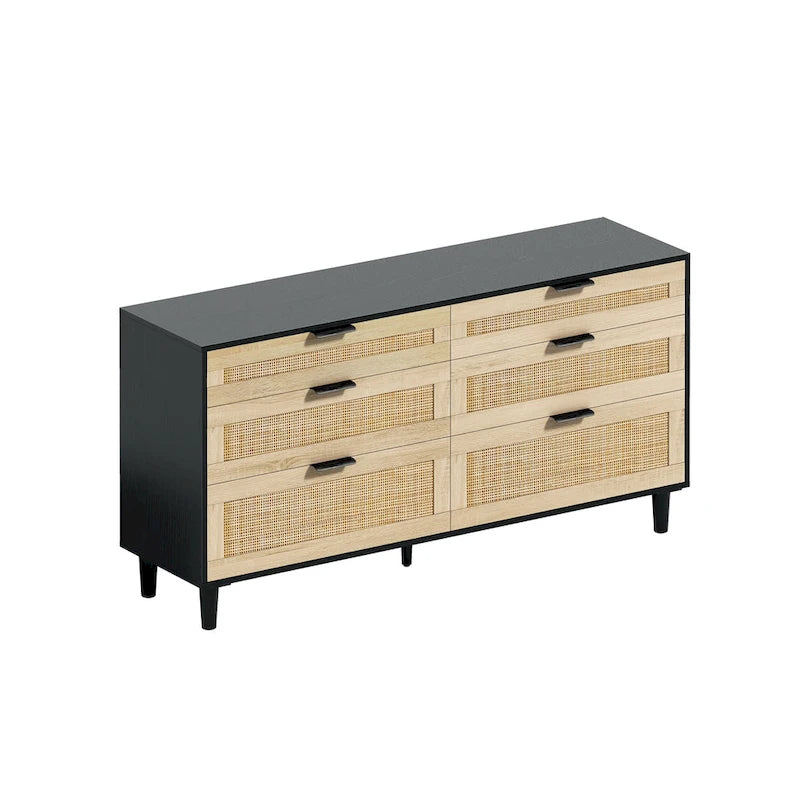 6-Drawer Rattan Dresser Chipboard Frame Anti-Tip Bedroom Storage Black White Oak