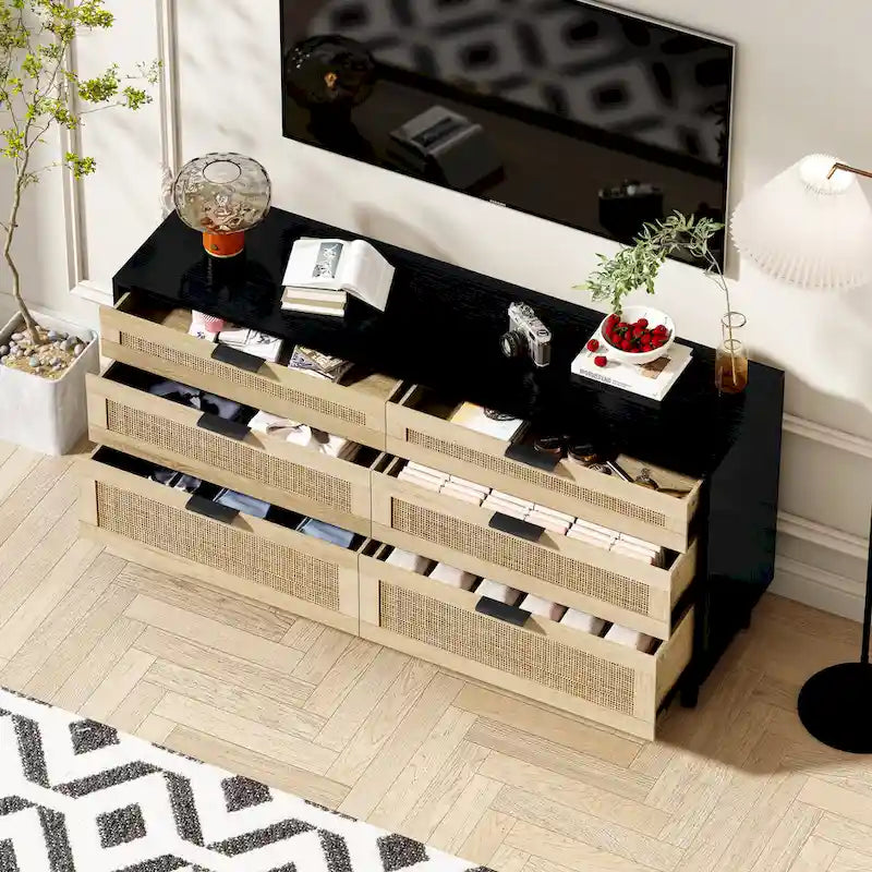 6-Drawer Rattan Dresser Chipboard Frame Anti-Tip Bedroom Storage Black White Oak