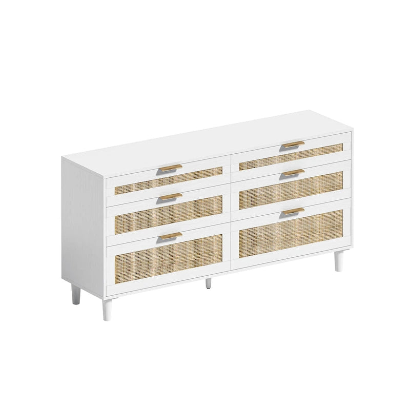 6-Drawer Rattan Dresser Chipboard Frame Anti-Tip Bedroom Storage Black White Oak