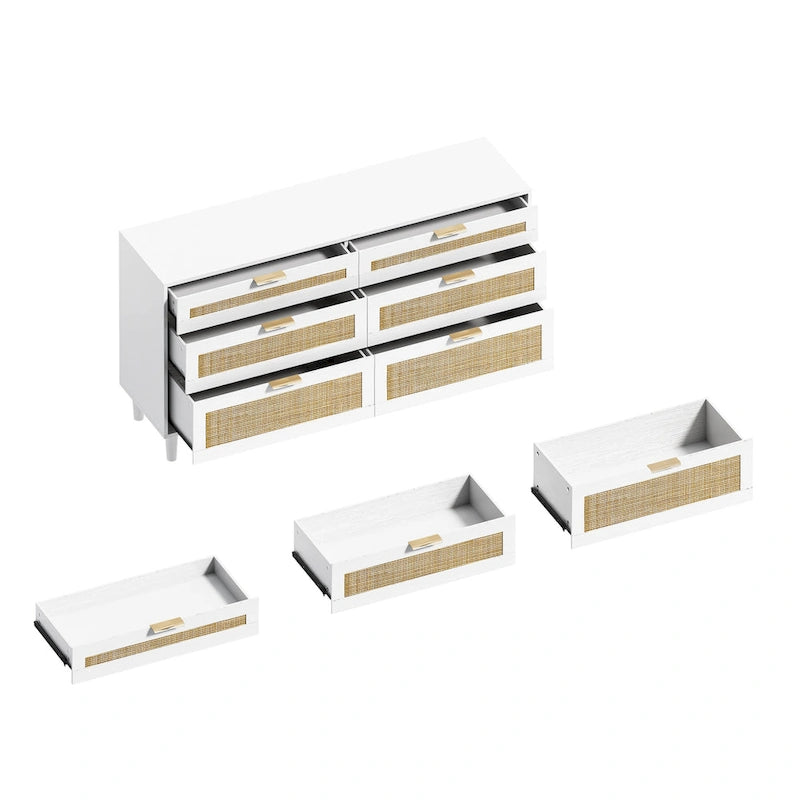 6-Drawer Rattan Dresser Chipboard Frame Anti-Tip Bedroom Storage Black White Oak