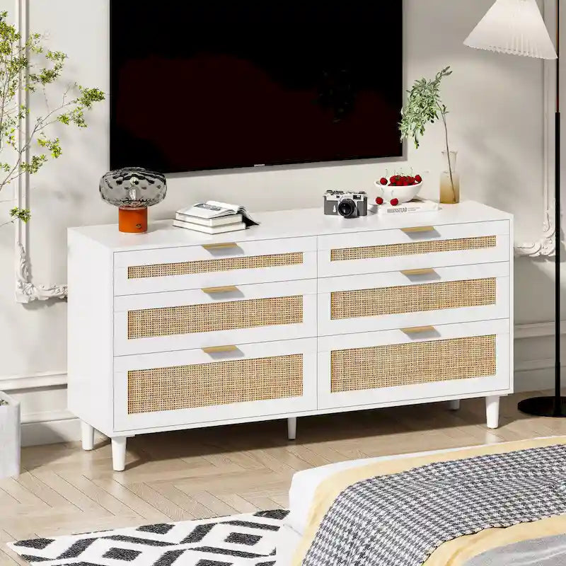 6-Drawer Rattan Dresser Chipboard Frame Anti-Tip Bedroom Storage Black White Oak