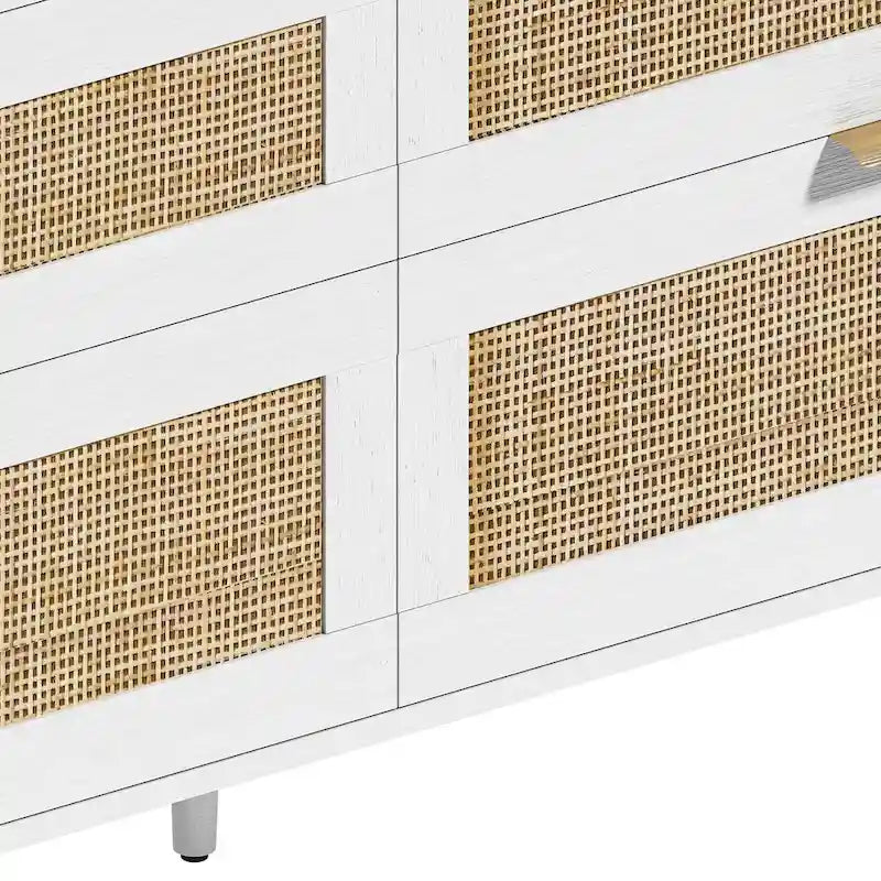 6-Drawer Rattan Dresser Chipboard Frame Anti-Tip Bedroom Storage Black White Oak