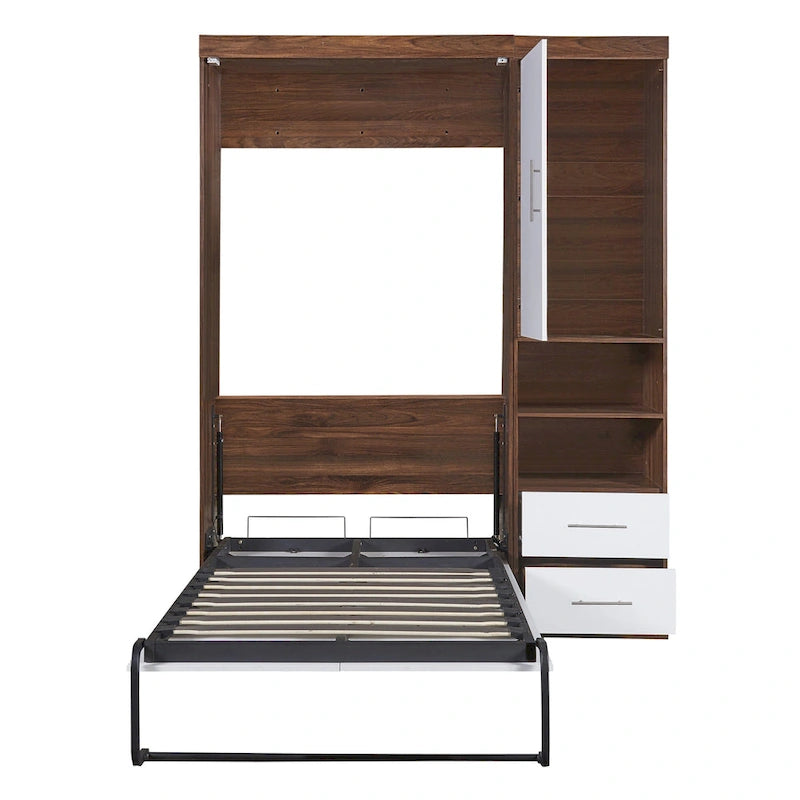 Twin Size Murphy Wall Bed with Side Cabinet Dual Piston Folding Mechanism White