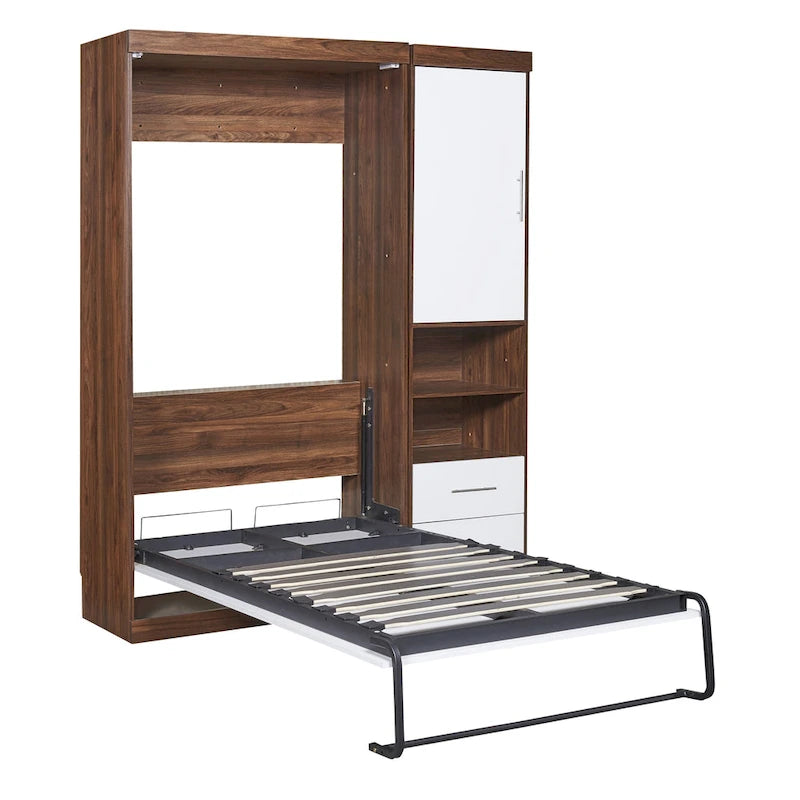 Twin Size Murphy Wall Bed with Side Cabinet Dual Piston Folding Mechanism White