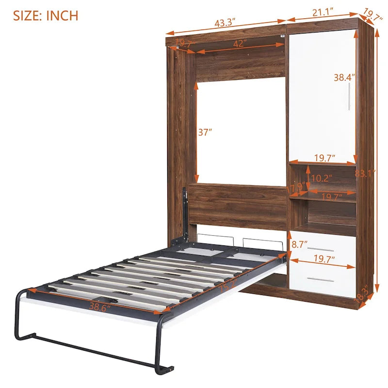 Twin Size Murphy Wall Bed with Side Cabinet Dual Piston Folding Mechanism White