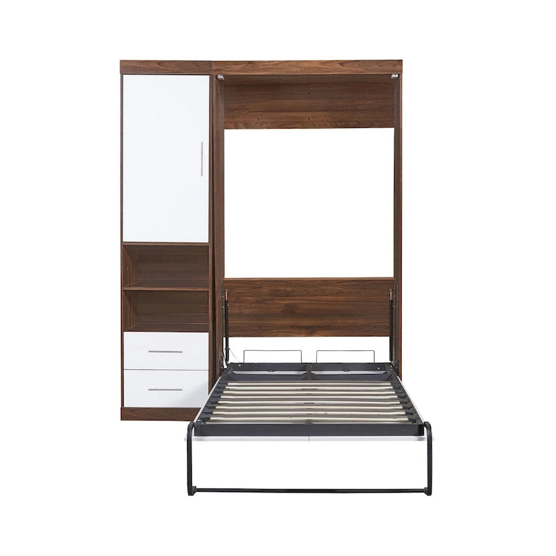 Twin Size Murphy Wall Bed with Side Cabinet Dual Piston Folding Mechanism White