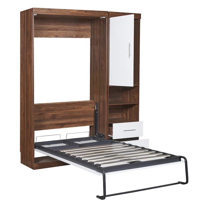 Twin Size Murphy Wall Bed with Side Cabinet Dual Piston Folding Mechanism White