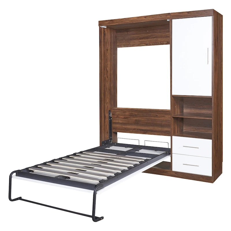 Twin Size Murphy Wall Bed with Side Cabinet Dual Piston Folding Mechanism White