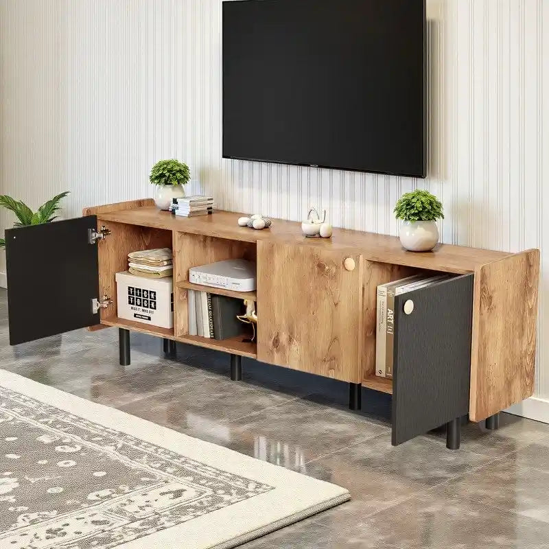 Mid-Century 61-Inch TV Stand Media Console 3 Cabinets 2 Open Shelves