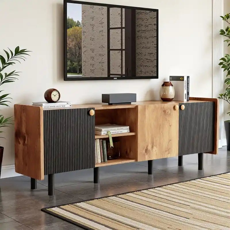 Mid-Century 61-Inch TV Stand Media Console 3 Cabinets 2 Open Shelves