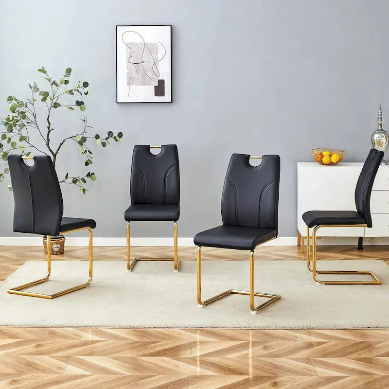 Moderner Esszimmerstuhl aus PU-Leder mit goldfarbenen Metallbeinen, ergonomisch gepolsterte Rückenlehne
