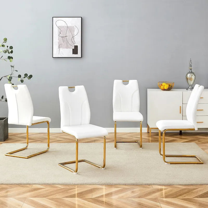 Moderner Esszimmerstuhl aus PU-Leder mit goldfarbenen Metallbeinen, ergonomisch gepolsterte Rückenlehne