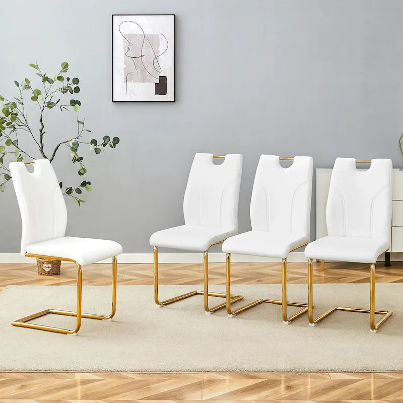 Moderner Esszimmerstuhl aus PU-Leder mit goldfarbenen Metallbeinen, ergonomisch gepolsterte Rückenlehne