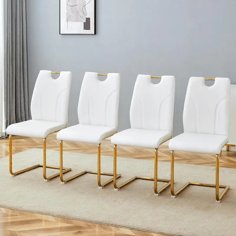 Moderner Esszimmerstuhl aus PU-Leder mit goldfarbenen Metallbeinen, ergonomisch gepolsterte Rückenlehne