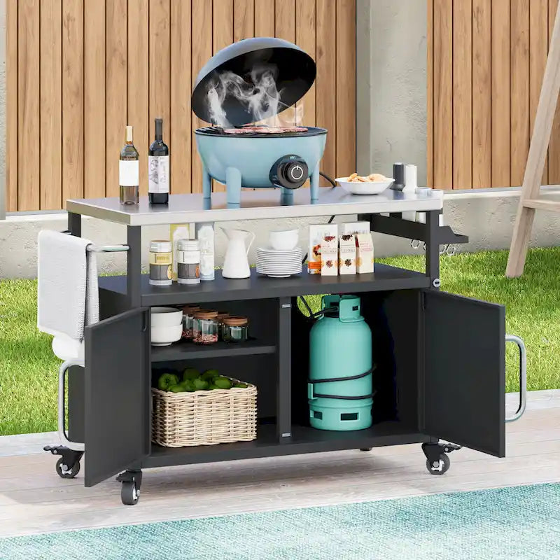 Outdoor Kitchen Island Stainless Steel Top Storage Cabinet Spice Rack Locking Wheels