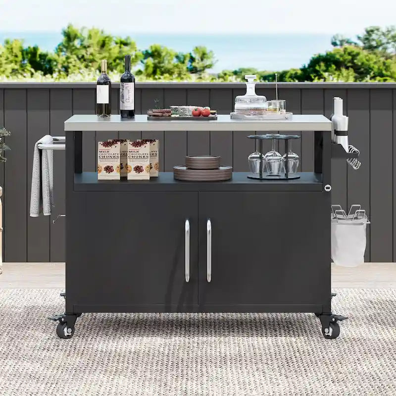 Outdoor Kitchen Island Stainless Steel Top Storage Cabinet Spice Rack Locking Wheels