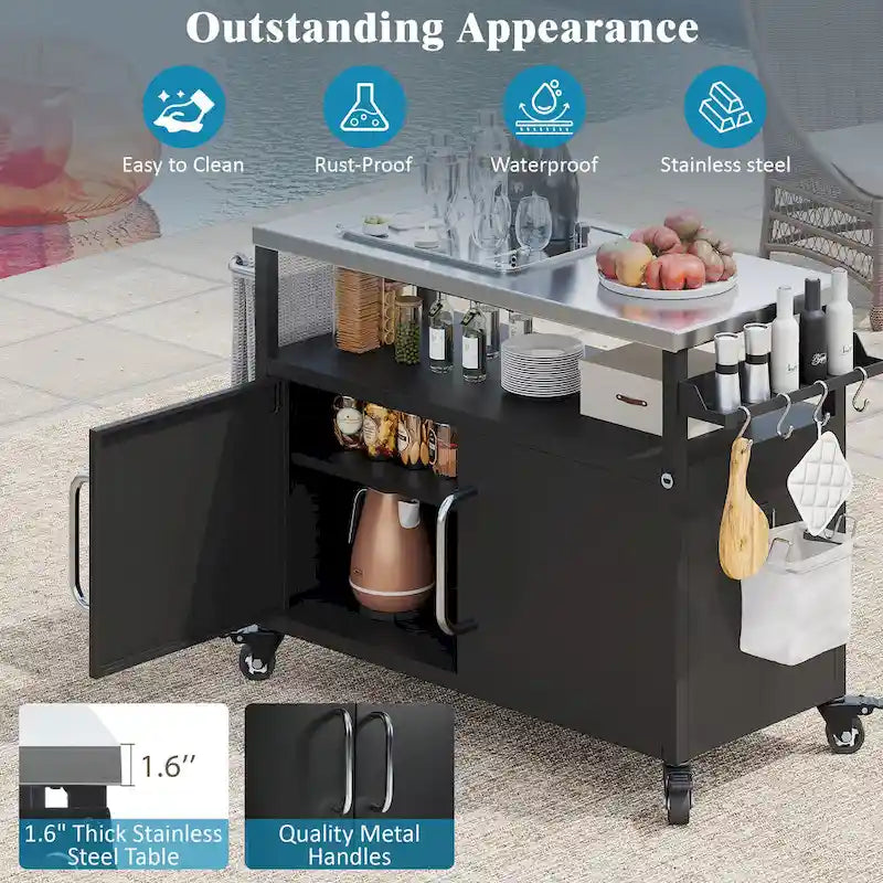 Outdoor Kitchen Island Stainless Steel Top Storage Cabinet Spice Rack Locking Wheels