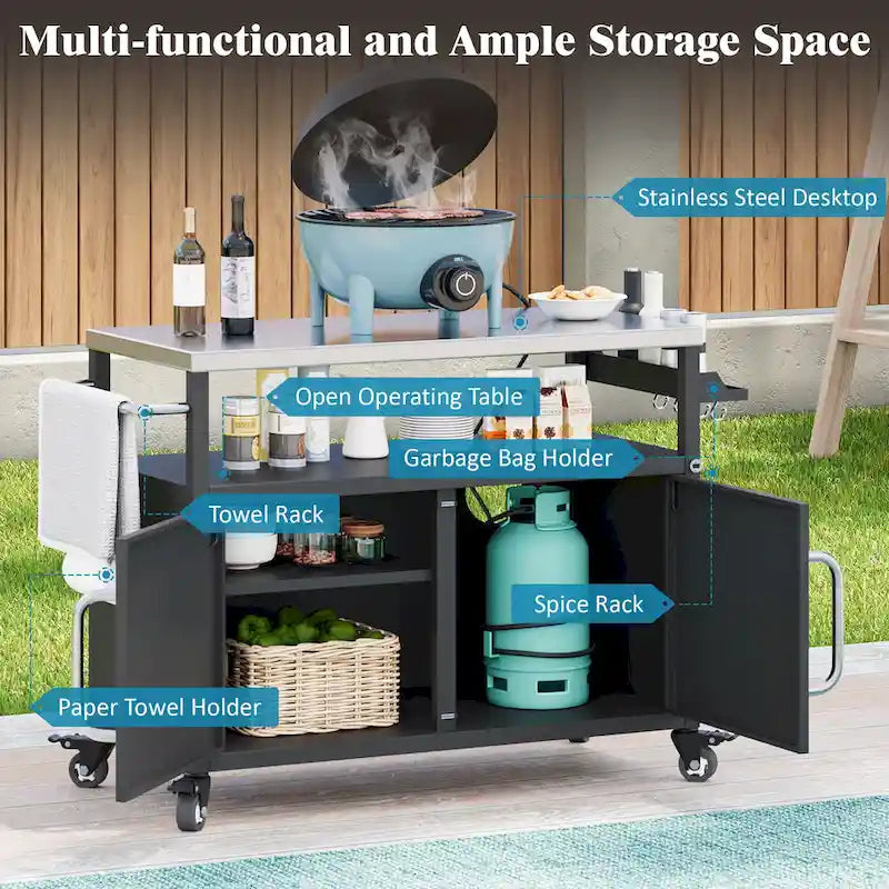 Outdoor Kitchen Island Stainless Steel Top Storage Cabinet Spice Rack Locking Wheels